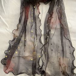 Scarf - Black With Curled Edges And Gold Sequins 