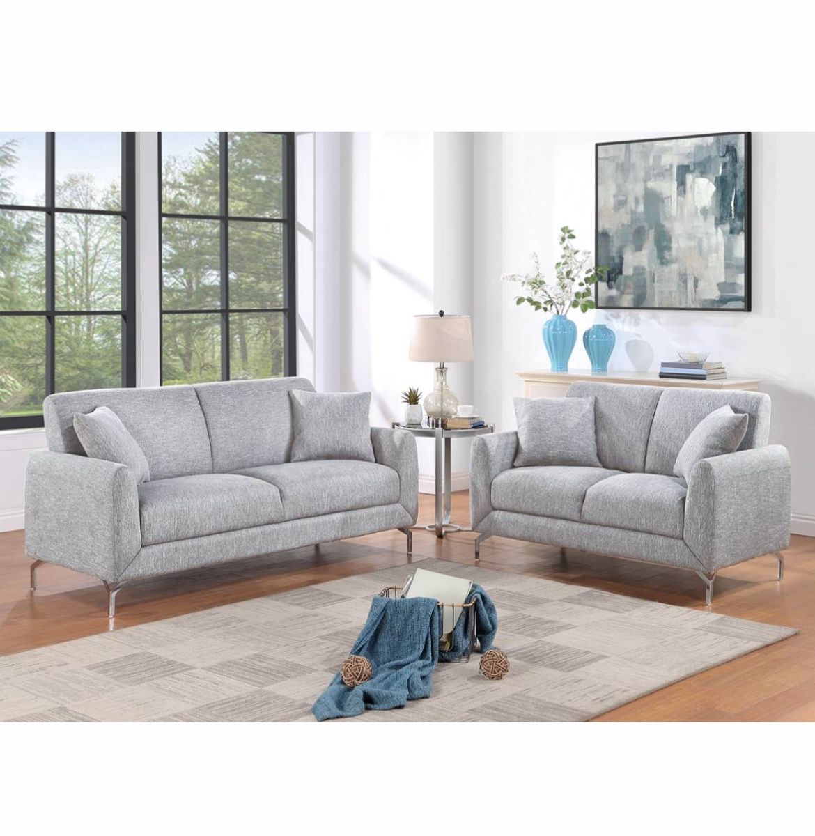Sofa Loveseat Set Light Grey Or Dark Grey Burlap Like Fabric Pillows Included Chrome Legs Brand New In Box Firm Price $499