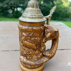 Rare Die Grune Heid German Beer Stein w/ Wolf Handle & Hunting Scene