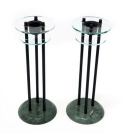 PAIR OF POSTMODERN GREEN MARBLE AND BLACK METAL CANDLEHOLDERS