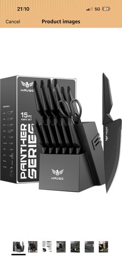 Kitchen Knife Set with Block: 15-Piece High Carbon Stainless Steel Professional Knives - Comfortable Grip Reduces Hand Fatigue 30% - Dishwasher Safe a