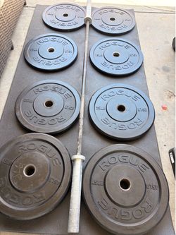 Rogue set not perfect that’s way the price is low no low ballers in closes 35 pounds rogue bar 45-25-15 & 10 pounds  bumper plates. Pick up in sun val