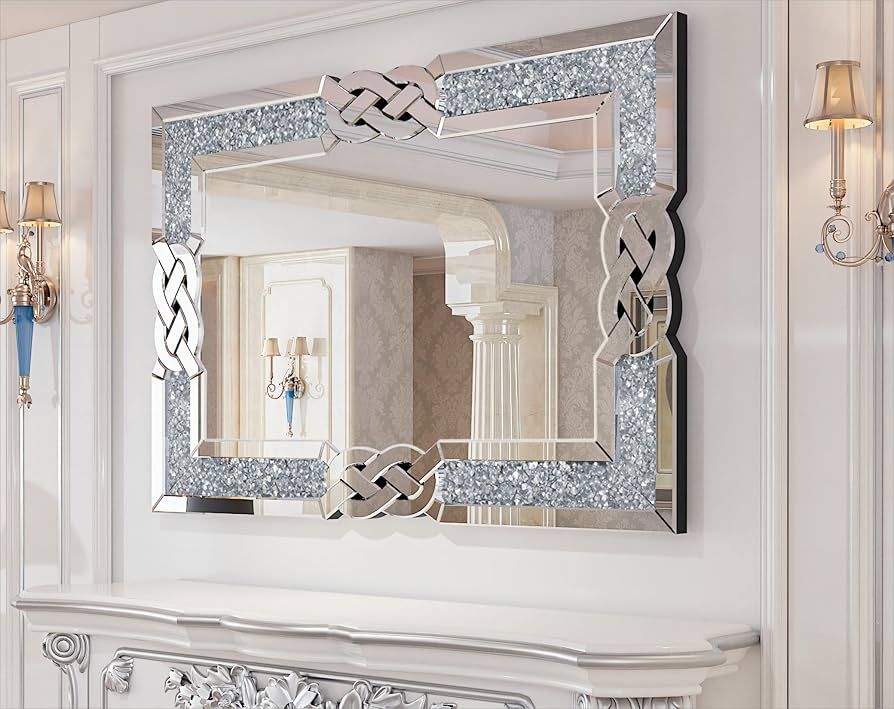 Crushed Diamond Wall Mirror: 36 x 24 inch Rectangular Glass Silver Vanity with Decorative Glam Bling Crystal Frame Edge, Funcky Home Art Decor for Liv