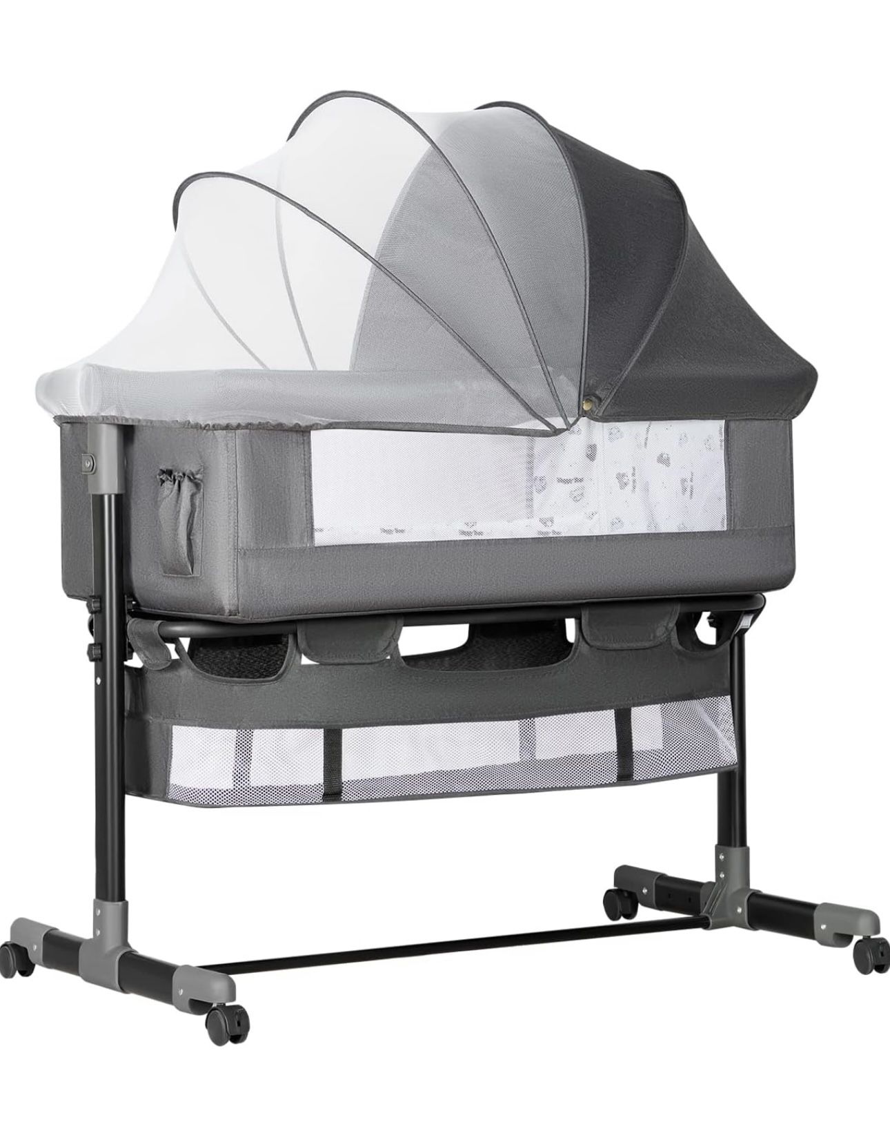 Baby Infant Newborn Basinet Bedside Sleeper, Easy to Fold Portable Crib Cradle Storage Dart Grey