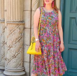 Brand New J. Crew Pink & Green Floral Tiered Midi Dress - Size XS