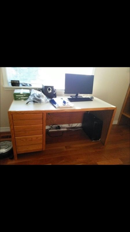 Wood table and bookshelf (with separate shelves)