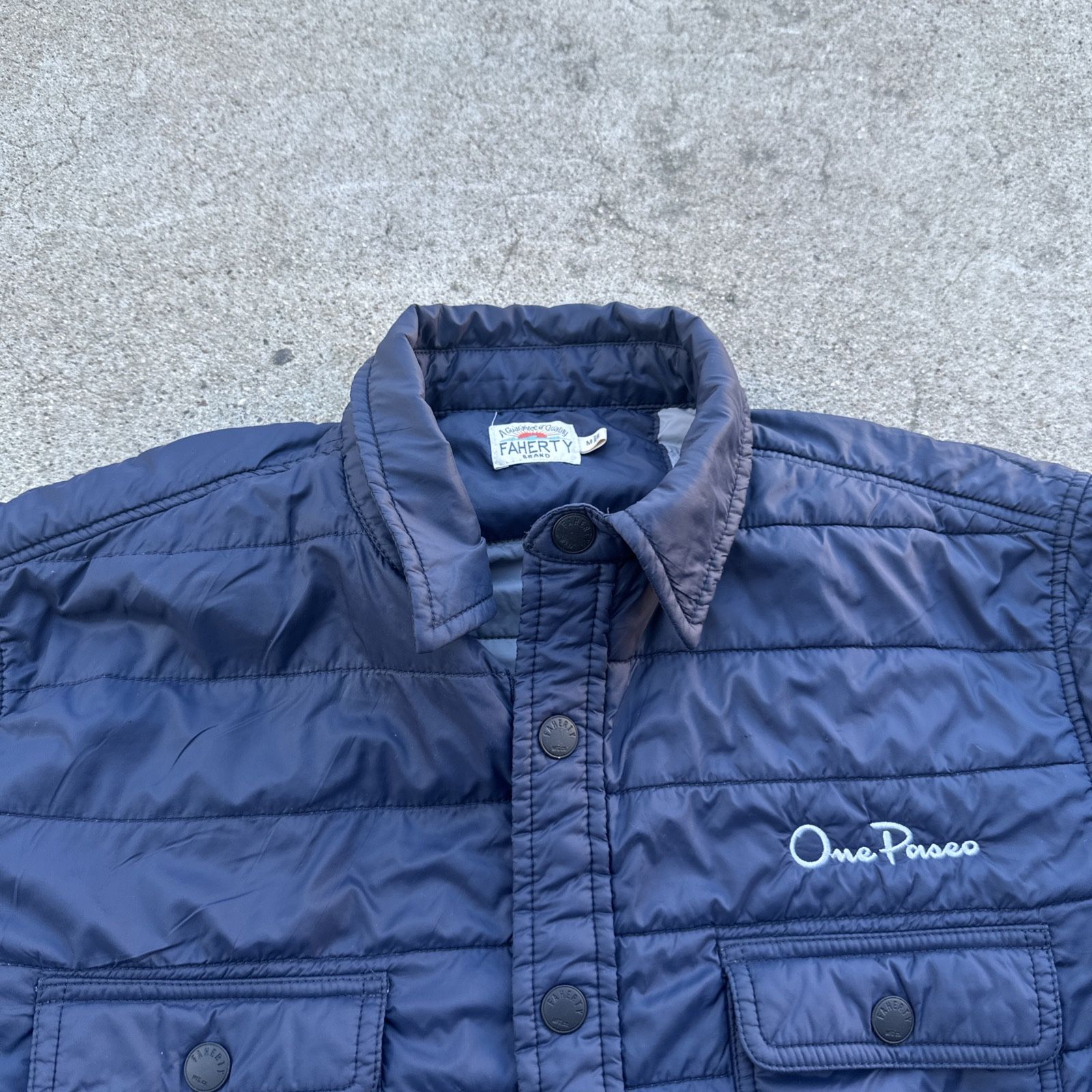 Faherty Puffer Shirt Jacket Quilted Atmosphere Snap Button Pockets Blue Mens M