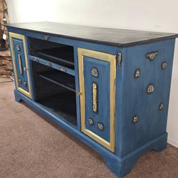 Hand-Painted Victorian Cabinet: French Style Blue & Gold Accent Storage