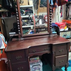 Vintage Wood Vanity. Desk With Mirror. From Early 1900's