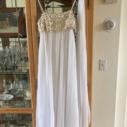 Long White Dress With Sequined Gold/Silver Top With Shawl