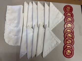 USMC US Marines Lot Or 14 Embroidered Dinner Napkins & 9 Coasters