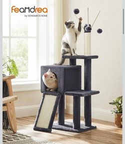 46.5 inches Cat Tree, Cat Tower for Indoor Cats, Multi-Level Cat Condo with Scratching Board, 3 Removable Pompom Sticks, Smoky Gray UPCT143G01