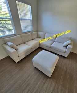 🎪 Sectional Sofa With Ottoman, Ivory Corduroy, New in the Box.