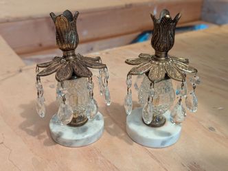 2 Vintage Mid Century Brass Crystal Candlestick Holders Marble Hollywood Regency