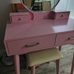 Solid Wood pink Vanity With Stool 