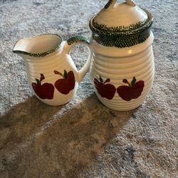 Vintage ALCO INDUSTRIES Apples Cookie jar/Canister piece w/ lid and Pitcher