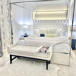 Modern Chrome Tufted Upholstered king Bed canopy