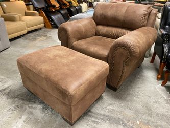 ASHLEY Wide Brown Rolled Arm Armchair & Ottoman w/ Nailhead Trim (Set of 2)