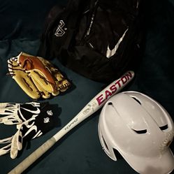 Kids Softball-Baseball Lot: Mitt, Batting Gloves, Bat, Batting Helmet & Bat Bag