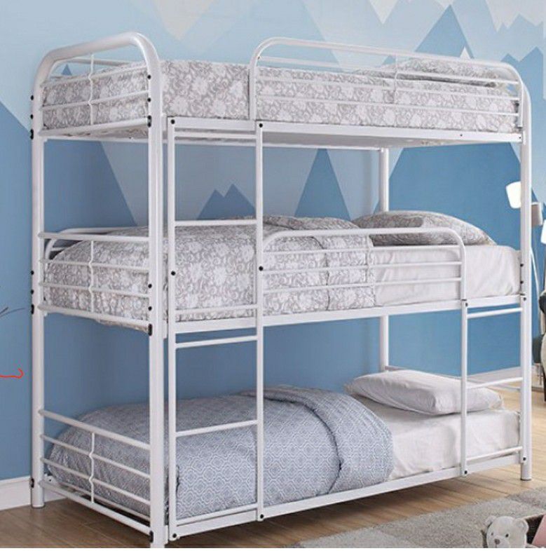 TWIN OVER TWIN 3-TIER BLACK METAL BUNK BED (WHITE)