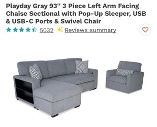 Gray Sectional Sofa + Sleeper + Swivel Chair – $900 OBO