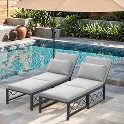 Brand new Outdoor Metal Chaise Lounge Chair with Grey Cushions, Adjustable 5-Position Sun Recliner (2 Pack) $180  Warehouse Clearance Sale   🔥First C