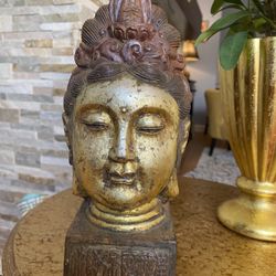 Chinese Cast Iron Buddha Head - Gold Gilded 