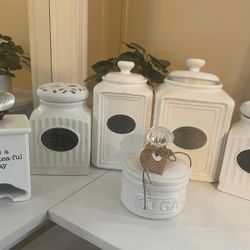 Farmhouse Kitchen Canister Set – Tea Coffee Sugar Flour – White Ceramic