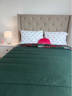 Queen Upholstered Bed with Matching Nightstand – Excellent Condition