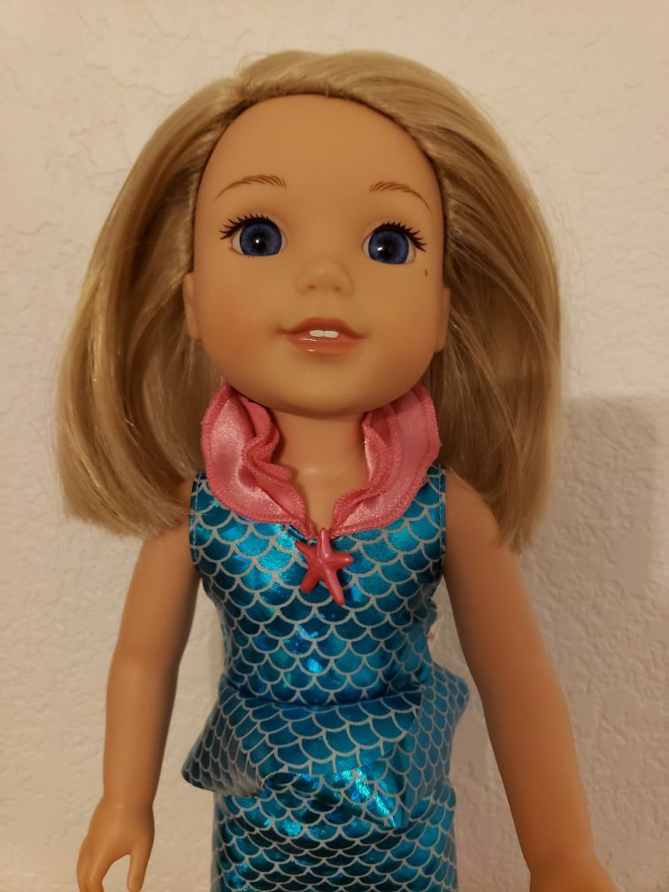 American Girl Wellie Wishers Camille doll with Marvelous Blue Mermaid outfit.