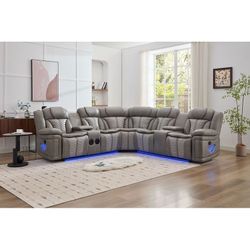 Sectional Reclinable Gris con LED y Bluetooth – Oferta por Tiempo Limitado