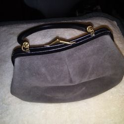 Vintage INGBER 1950s Gray Velvet Purse. Gold Brass Clasp and Hardware. Black Trim and Satin Lining