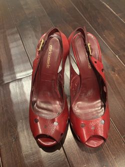 Enrico Michele Red Leather Peep-Toe Slingback Heels