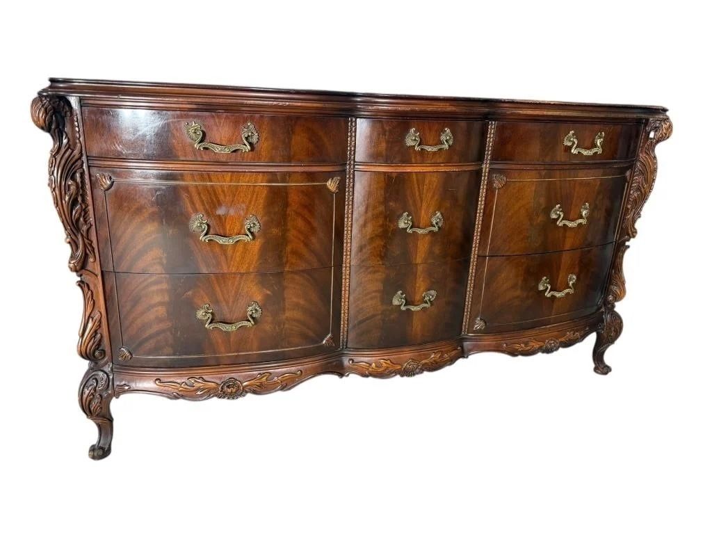 Fabulous Romweber French Flame Mahogany Dresser With Carved Swan Heads, Circa 1930s   