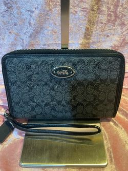Coach Leather and Canvas Square Zip Around Wristlet/Wallet with Outside Zipper Coin Pocket.