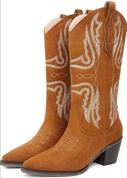 CKSNDLF Women's Cowboy Boots Size 9.5 Western Mid-Calf Cowgirl Boots with Classic Embroidered Pointed Toe Block Heel Pull-On Shoes