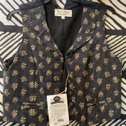 New Wah-Maker Western Vest Medium Floral Pattern Black Front/black Back