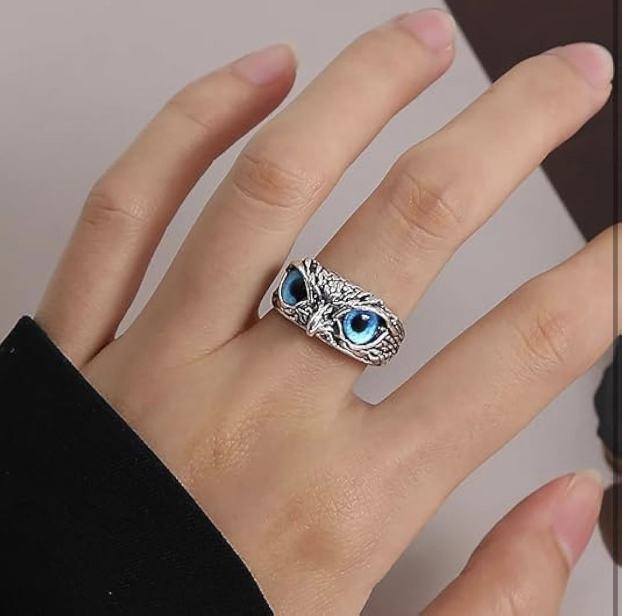 Vintage Cute Blue Eye Owl Ring for Women Men 925 Sterling Silver Open Animal Rings Adjustable Statement Ring