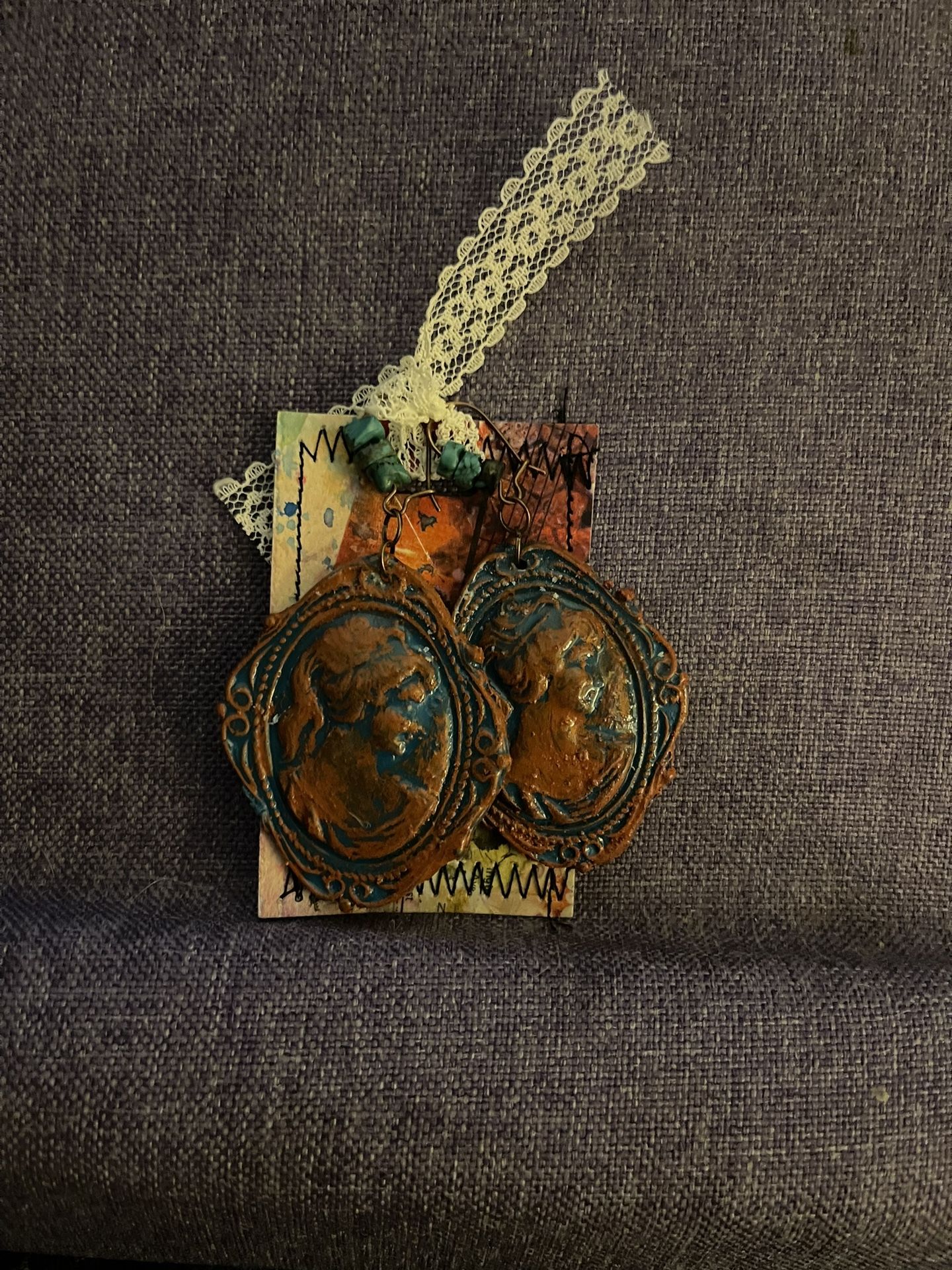 Gorgeous Artisan Cameo with genuine Turquoise chips earrings.  Copper Findings New 