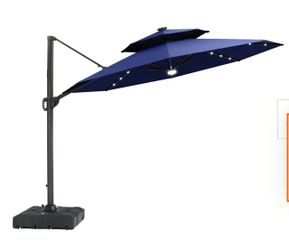 FESTIVAL DEPOT. 11 FT SOLAR ROME UMBRELLA BLUE ROUND WITH SPEAKER BLUETOOTH AND LIGHTS