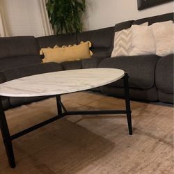 White and Matte Black Round Faux Marble Coffer Table