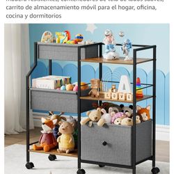 Organizador de carrito rodante de 3 niveles, estantes de madera resistentes, contenedores de tela de lados suaves, carrito de almacenamiento móvil par