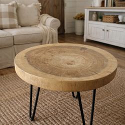 Solid Wood Round Coffee Table – Natural Slab Style (Modern/Rustic)
