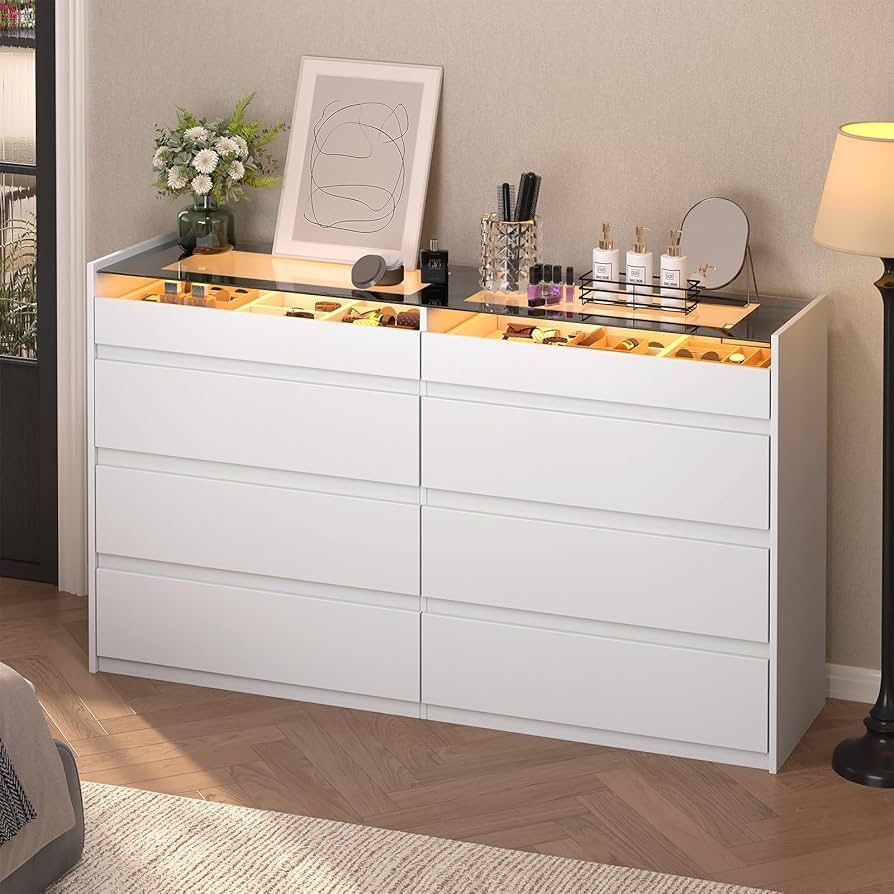 1231A White 8 Drawer Dresser for Bedroom with LED Light, Modern Dresser Chest of Drawers with Hidden Handles and Glass Top, Dressers Organizer for Bed