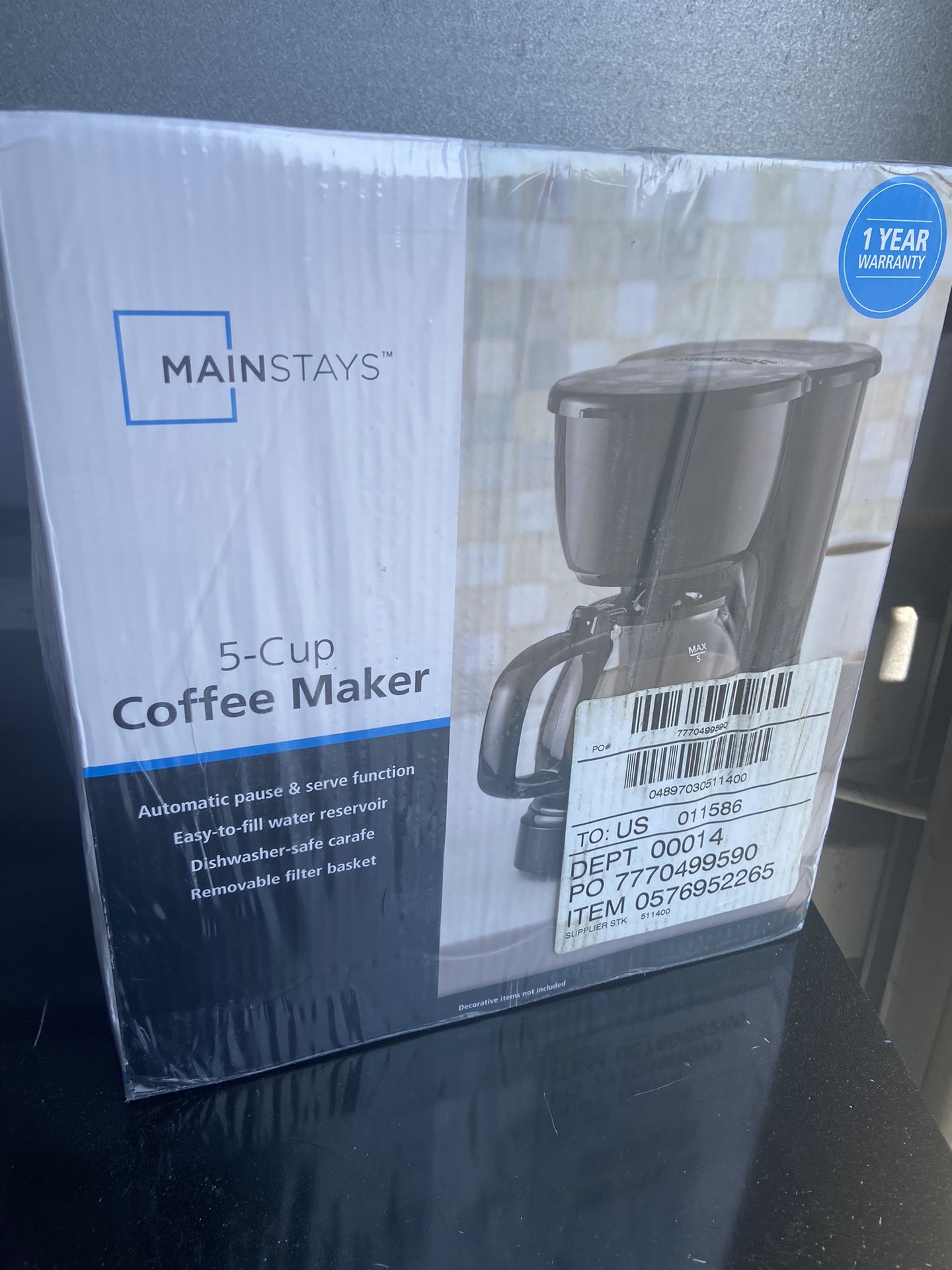 Mainstays 511400 5-Cup Coffee Maker - Black