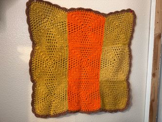 Vintage Handmade Granny Square Crochet Throw 26” X 26 “Orange,  Yellow & Brown,