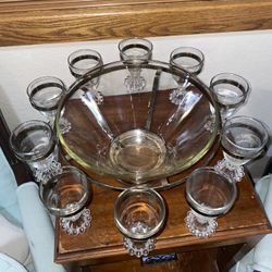 Unique Rare Vintage Antique 10 Glass Punch Bowl With Caddy