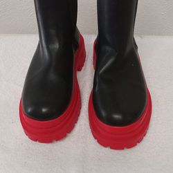 Yoki Women's Red& Black Platform Fashion Duck Rain Boots 