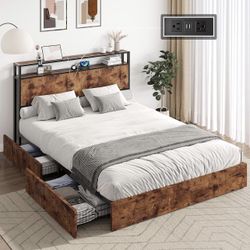Full Size Storage Bed Frame, Wooden Platform Bed with Charging Station, 4 Drawers & Headboard/No Box Spring Needed/Noise-Free/Dark Brown
