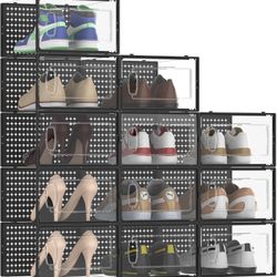 12 Pack Large Shoe Storage Box Organizer for Closet, Versatile Clear Plastic Stackable Sneaker Shoe Rack